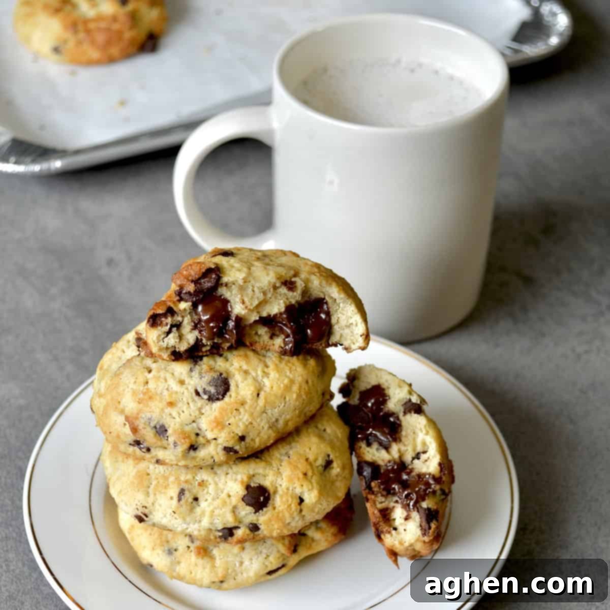 Plate of chocolate chip cookies with a glass of milk, emphasizing a delightful and wholesome snack.