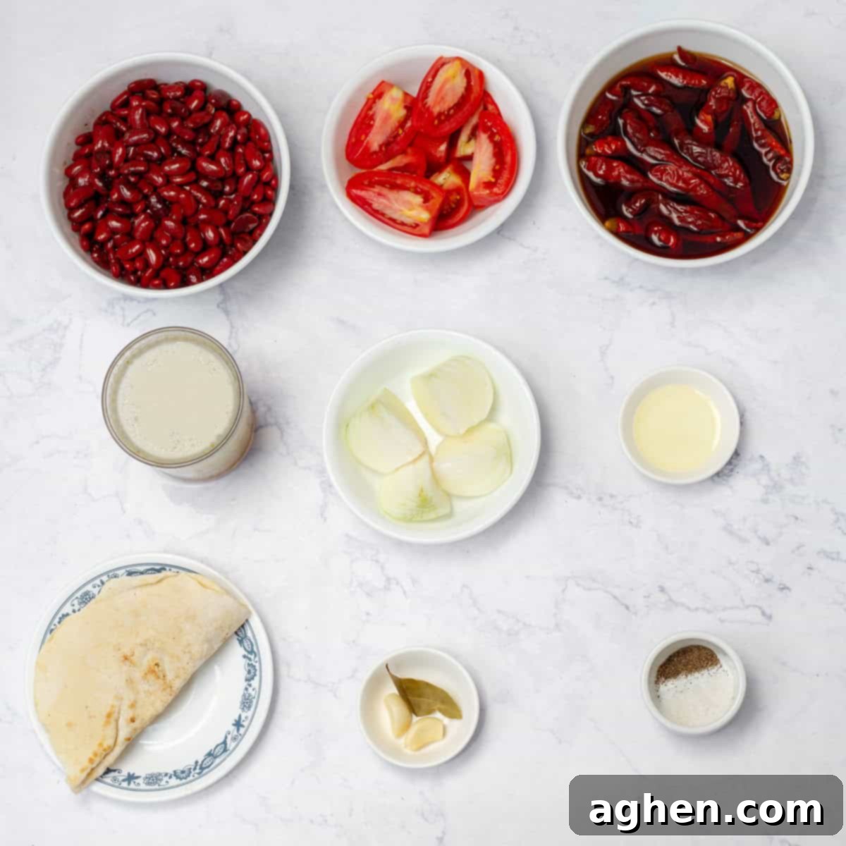 Tarasca Soup ingredients in separate dishes on a counter. 