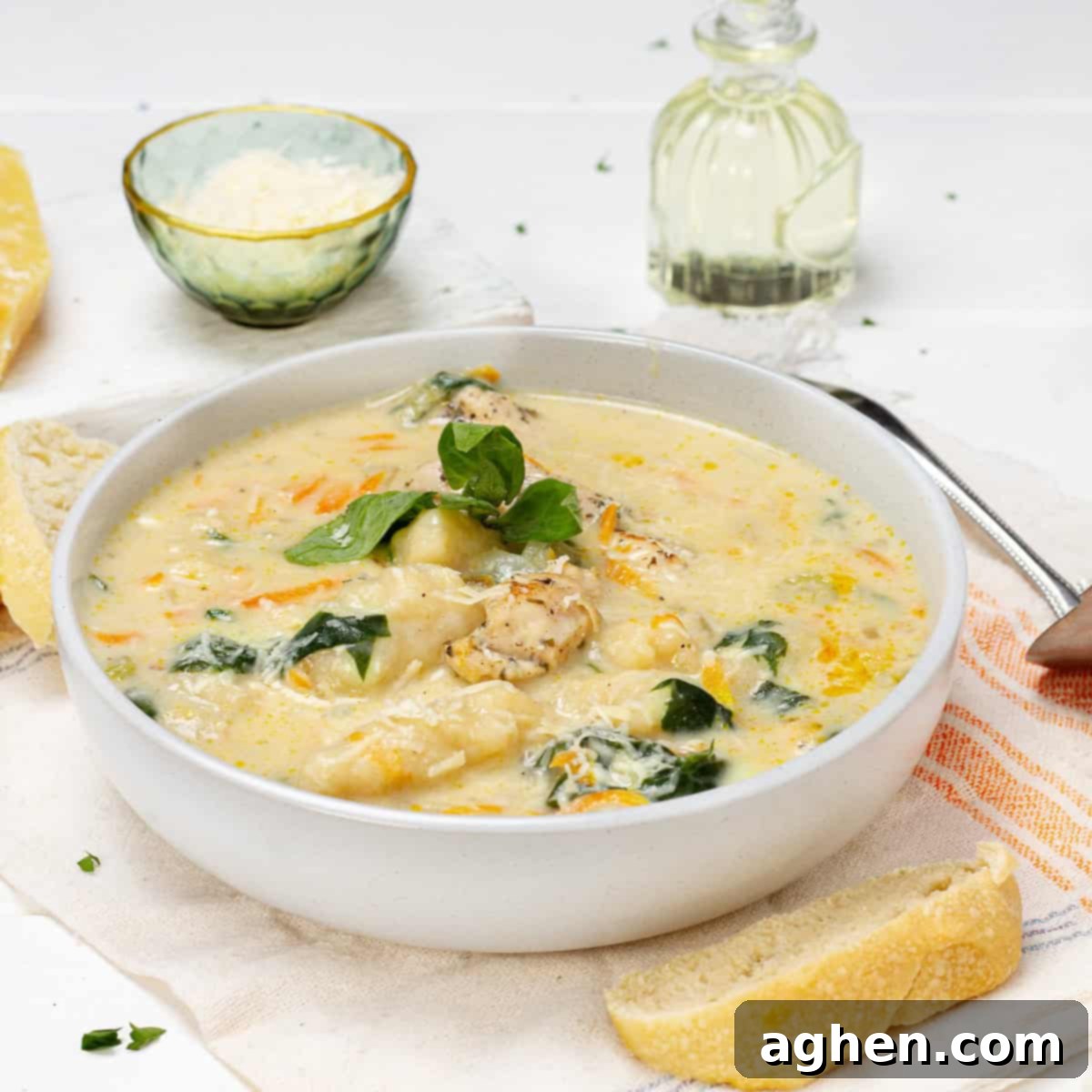 Thick and creamy Chicken Gnocchi Soup in a bowl, ready to be served.