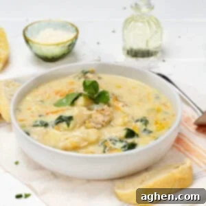 Thick and creamy Chicken Gnocchi Soup in a bowl.