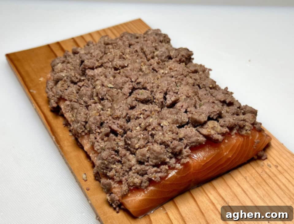 salmon with sausage on cedar plank 