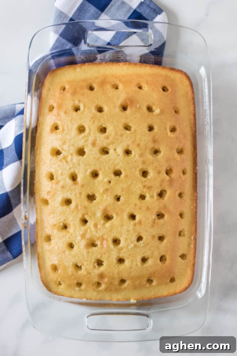 A warm, freshly baked white sheet cake with numerous, evenly spaced holes poked across its top surface, ready to absorb the Jello.