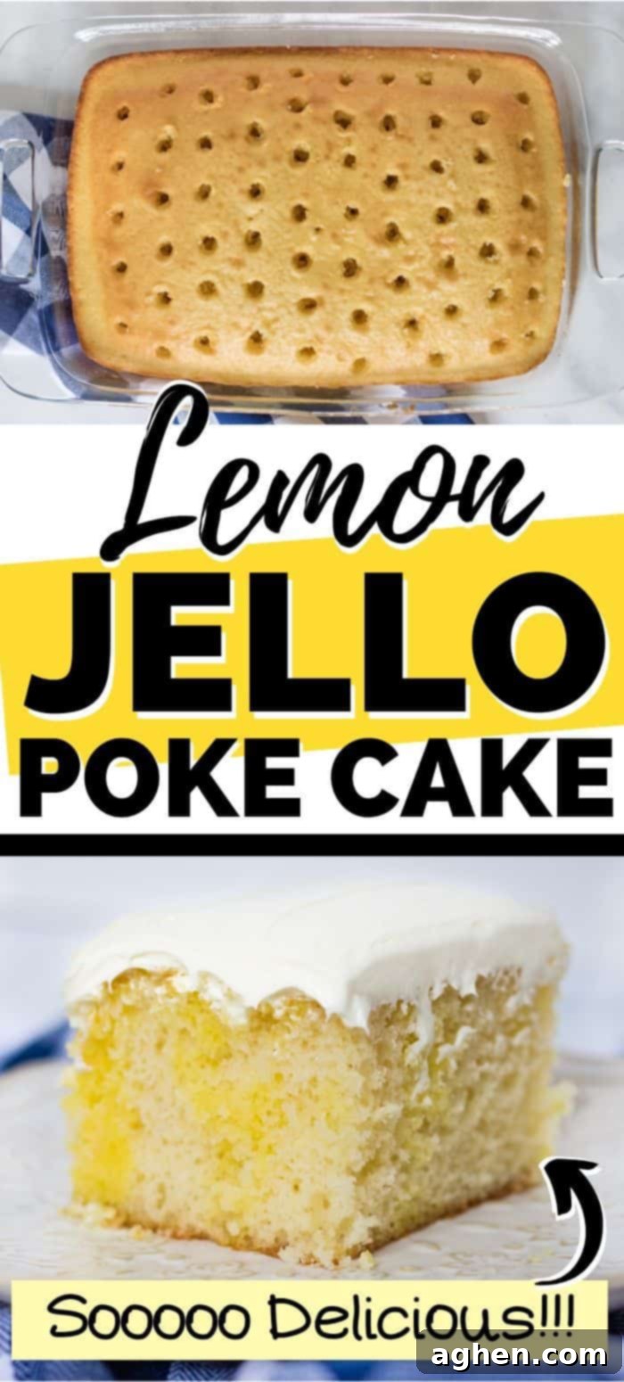 A top-down view of an entire lemon Jello poke cake, fully covered with creamy lemon frosting and elegantly garnished with fresh lemon slices, ideal for saving to Pinterest.