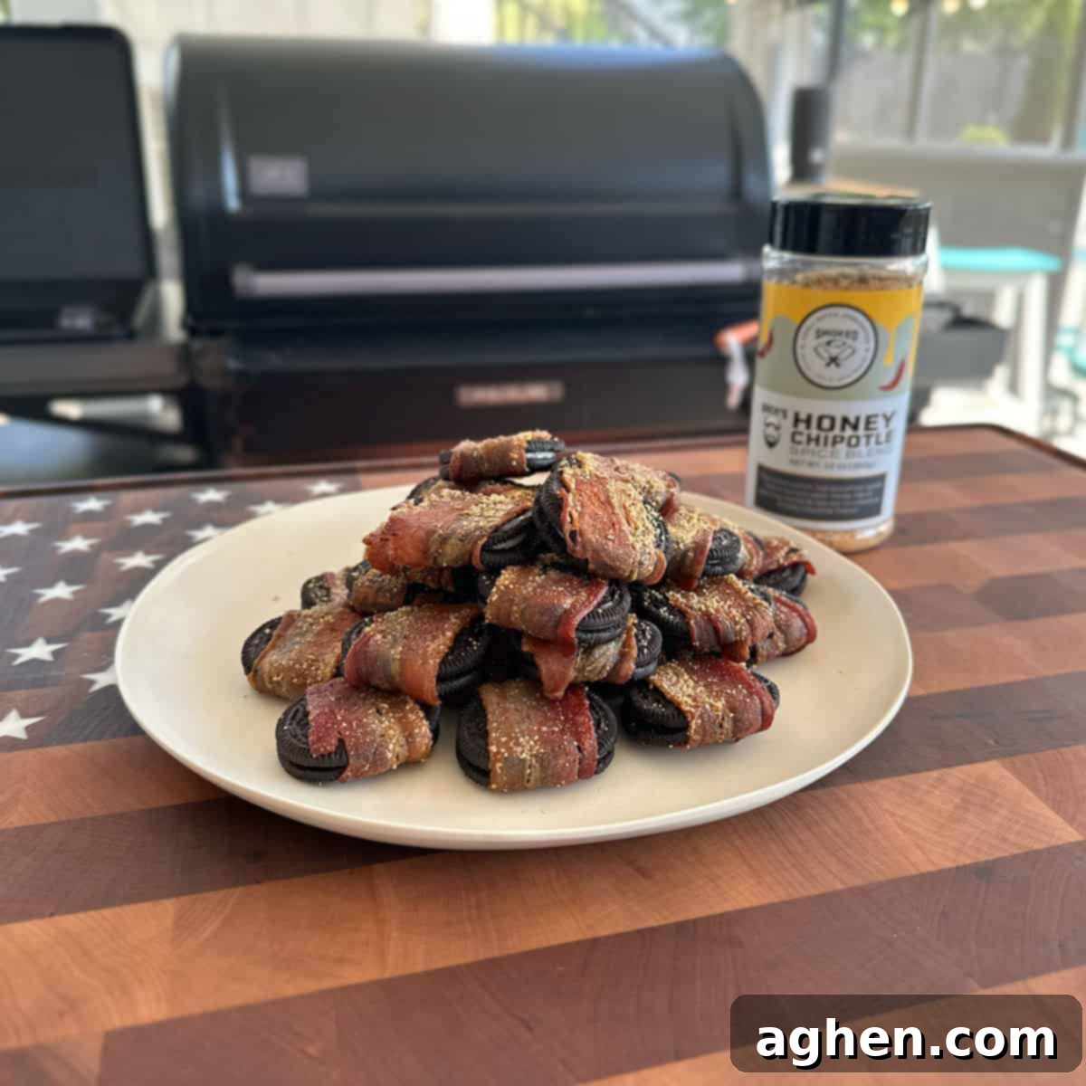 Finished Smoked Bacon Wrapped Oreos on a cooling rack