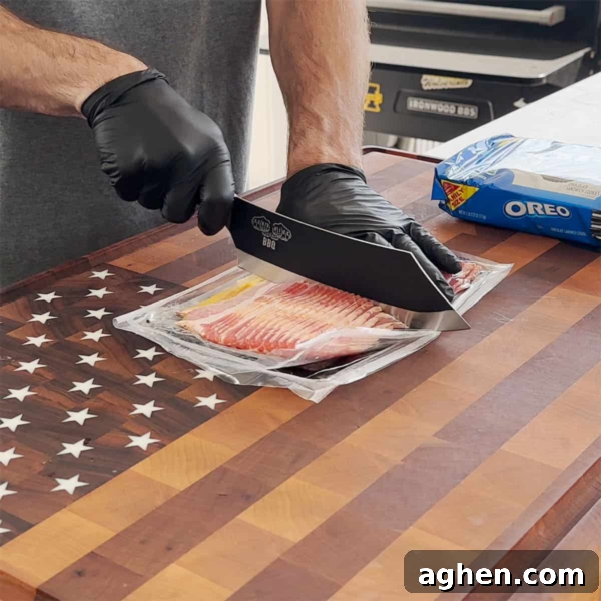 Cutting center cut bacon for wrapping Oreos