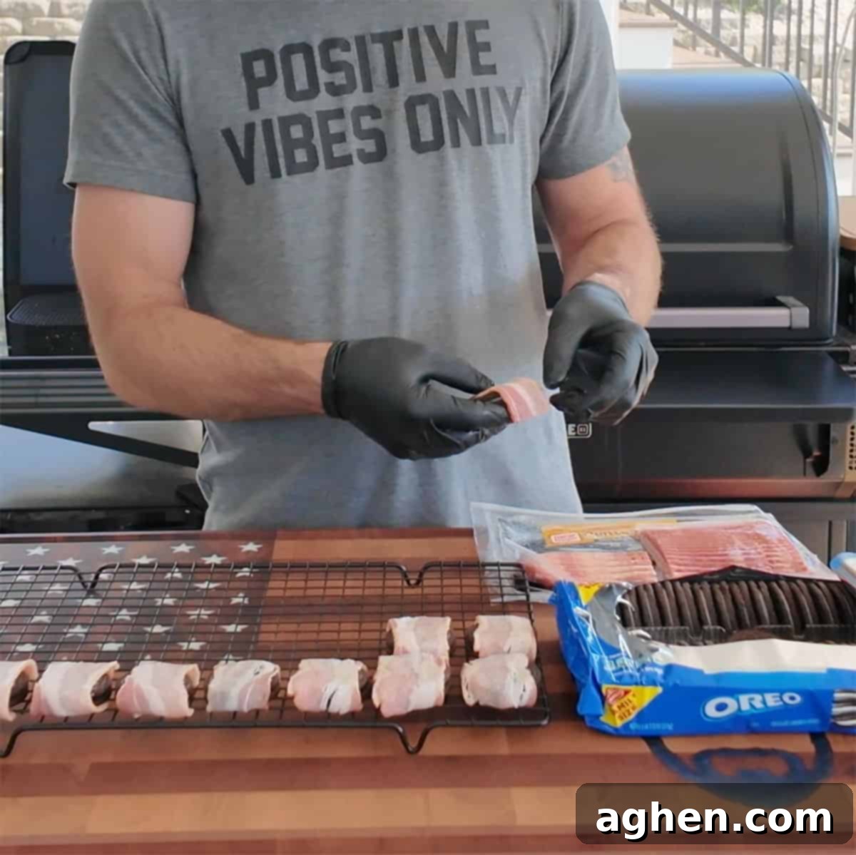 Wrapping Oreos with bacon and placing them on a rack
