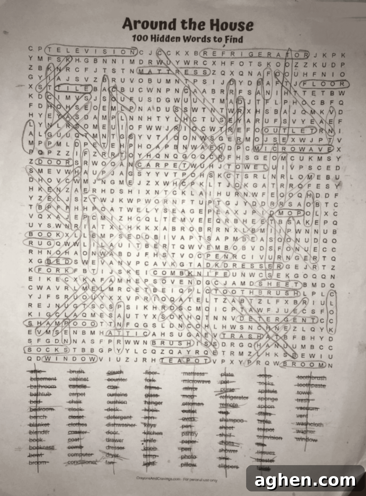 Answer key for the 100-word hard word search puzzle, with all words circled.