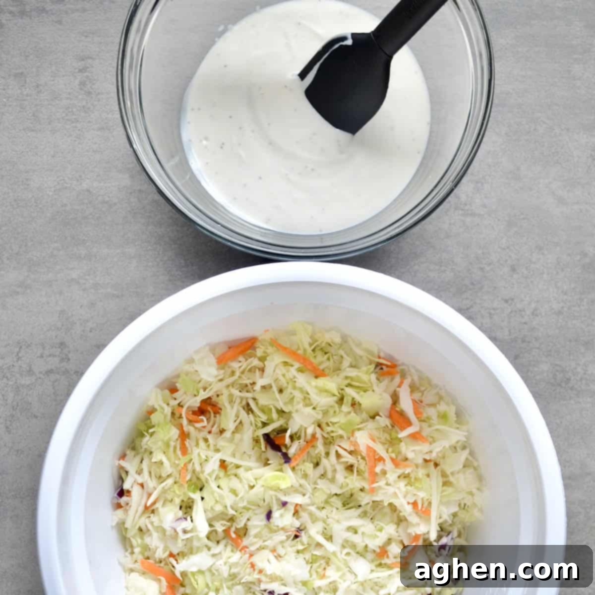 Skinny Creamy Coleslaw 4 Separate bowls of creamy coleslaw dressing and prepared shredded cabbage and carrots