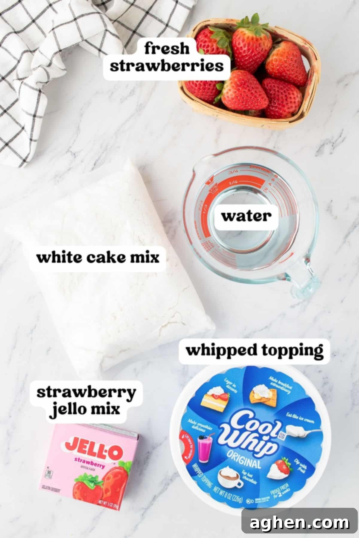Fresh strawberries, white cake mix, water, cool whip whipped topping, and box of strawberry jello.