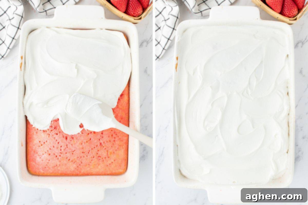 Cake topped with cool whip whipped topping.