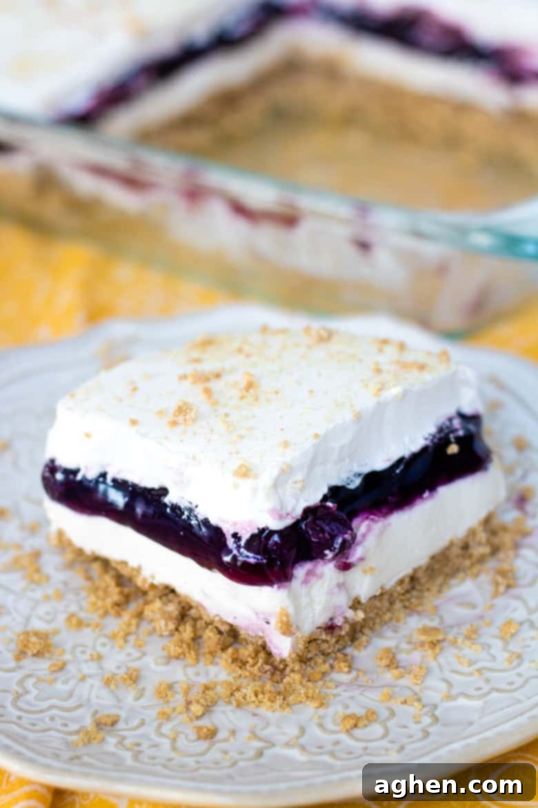 Blueberry Lush Dessert: A vibrant, cool, and creamy no-bake dessert with layers of graham cracker, cheesecake, blueberries, and Cool Whip, perfect for summer.