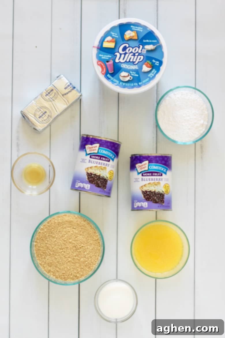 Blueberry Yum Yum Ingredients: A visual guide to the essential, simple components needed to create this delightful no-bake dessert, including graham crackers, cream cheese, and blueberry filling.