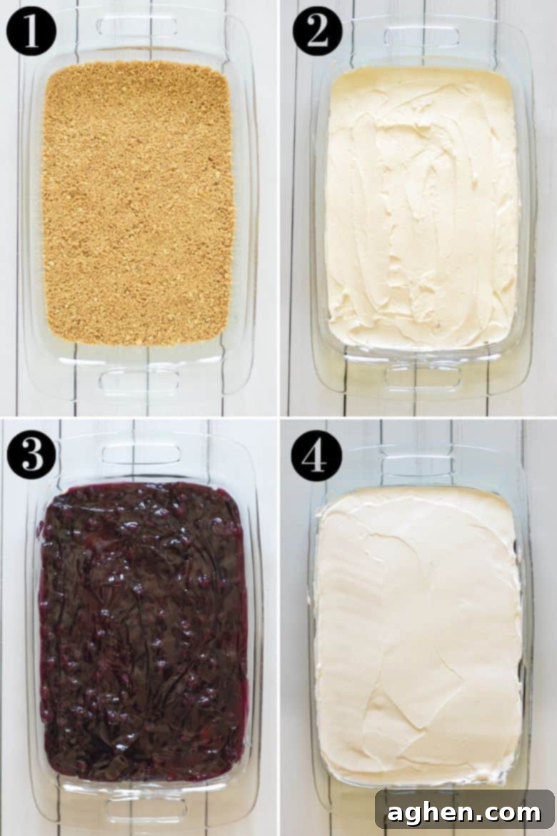 Blueberry Lasagna Dessert: A mouthwatering image showcasing the distinct, colorful layers of this no-bake treat, from the crust to the fluffy topping, ready to be served.