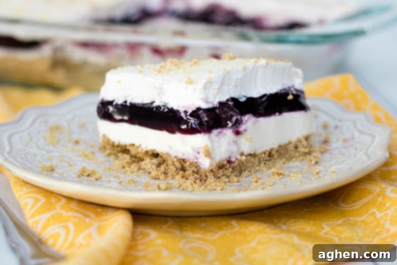 Blueberry Yum Yum Recipe: A close-up of a perfectly sliced piece, revealing the inviting layers of the no-bake dessert, ready to be enjoyed.