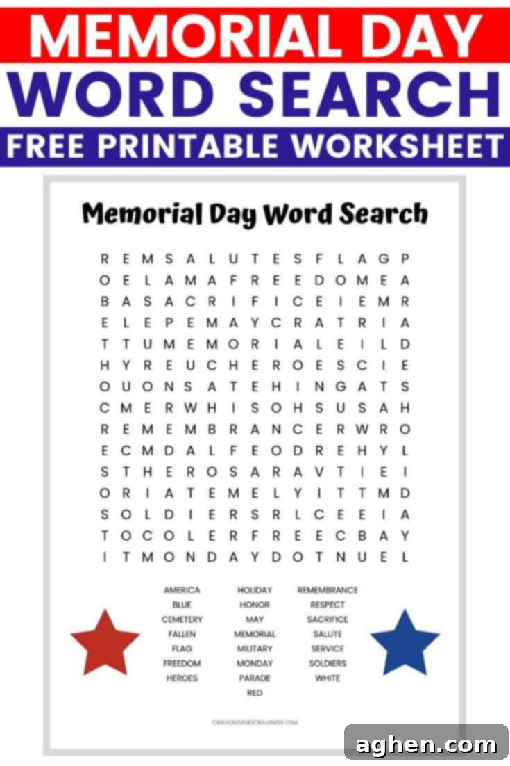 Memorial Day Word Search Free Printable for Kids