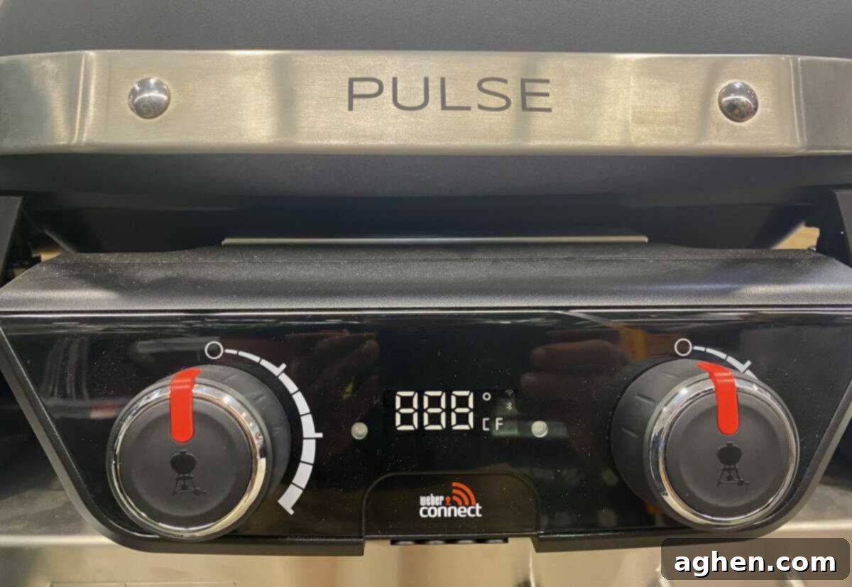 Weber Pulse 1000 Electric Grill featuring its digital display and iGrill probe.