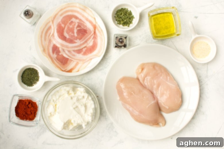 chicken breasts, pancetta, cream cheese, oil, and seasonings