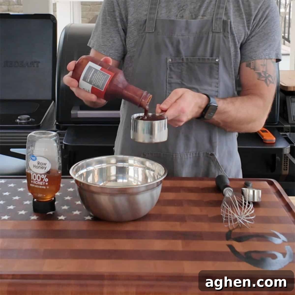 Bourbon BBQ sauce and honey mixed in a grill-safe vessel for the glaze.