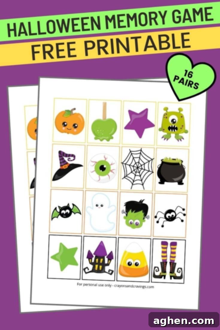 Free printable Halloween Memory Game for kids featuring 16 pairs of cute Halloween characters and objects like pumpkins, ghosts, and candy corn.