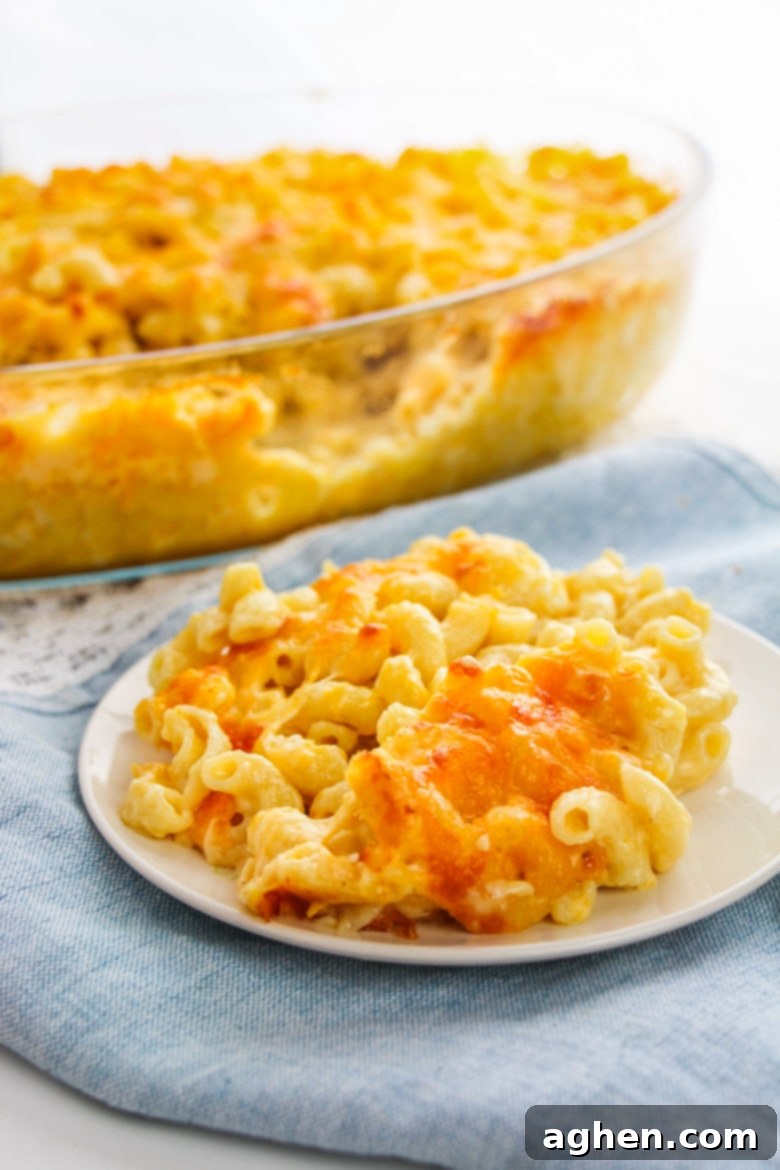 Elbow pasta with cheese on plate with casserole dish in backgronud