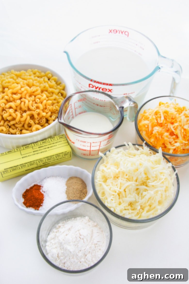 elbow pasta, milk, cheese, butter, seasoning, flour, cream