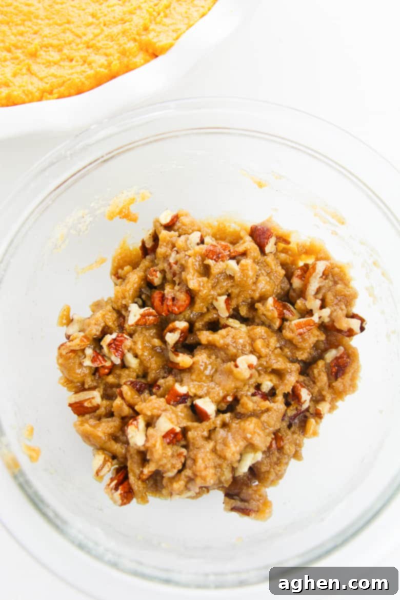 Mixing Pecan Streusel Topping ingredients in small bowl