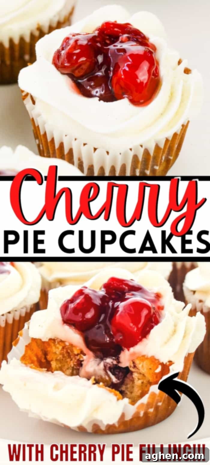 Pinterest image with text overlay: Cherry Pie Cupcakes with Cherry Pie Filling, featuring a close-up of the delicious cupcakes.