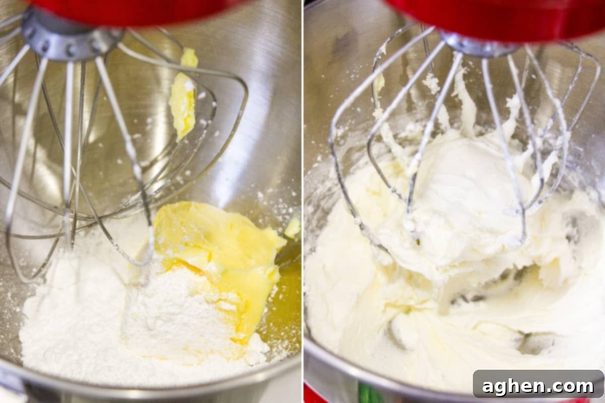 Left image shows butter and sugar in a stand mixer bowl before mixing. Right image shows the mixture after creaming, light and fluffy, ready for eggs.