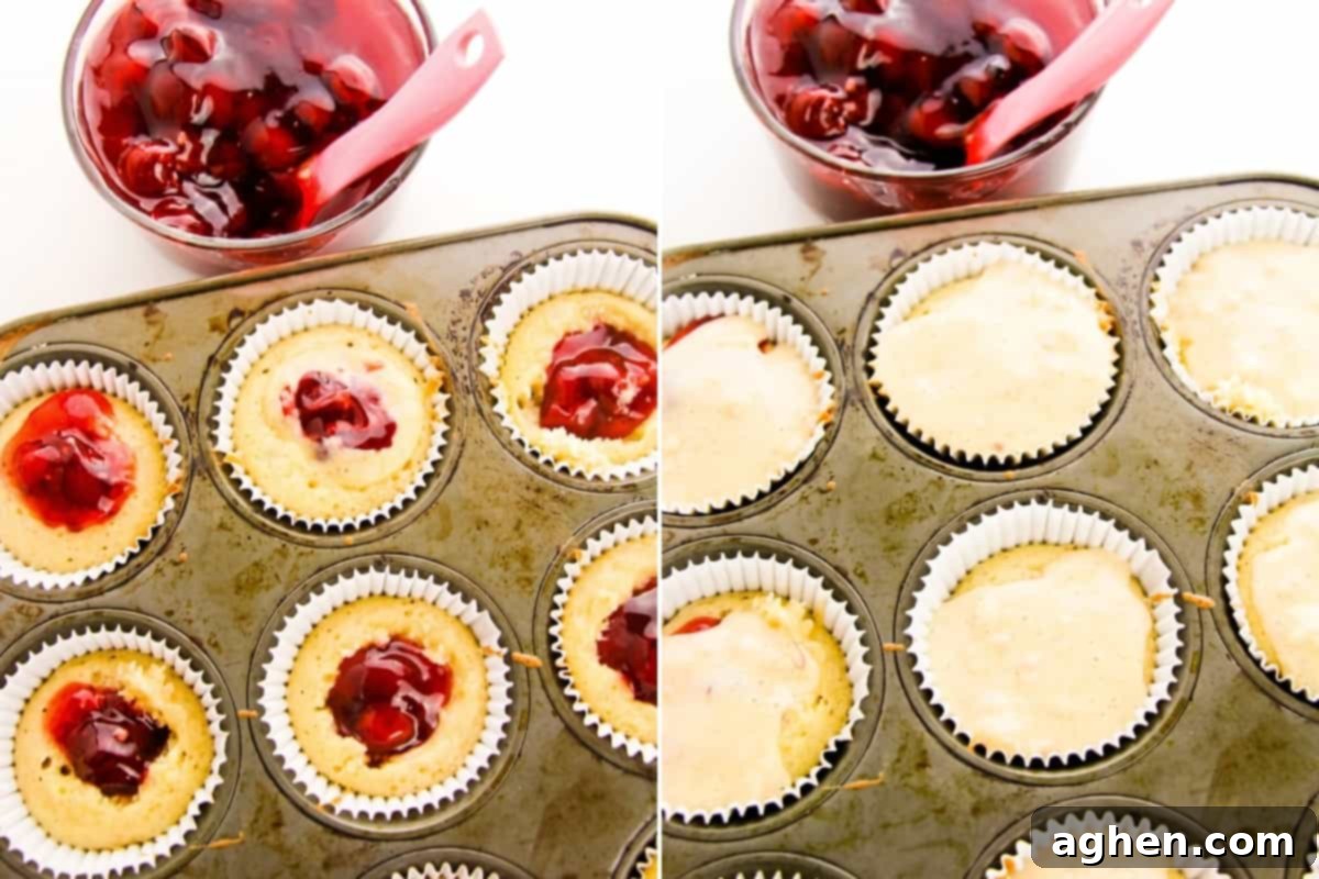Left image shows cupcake liners with a first layer of batter, topped with cherry pie filling. Right image shows the same cupcakes, now covered with the remaining batter, ready for final baking.