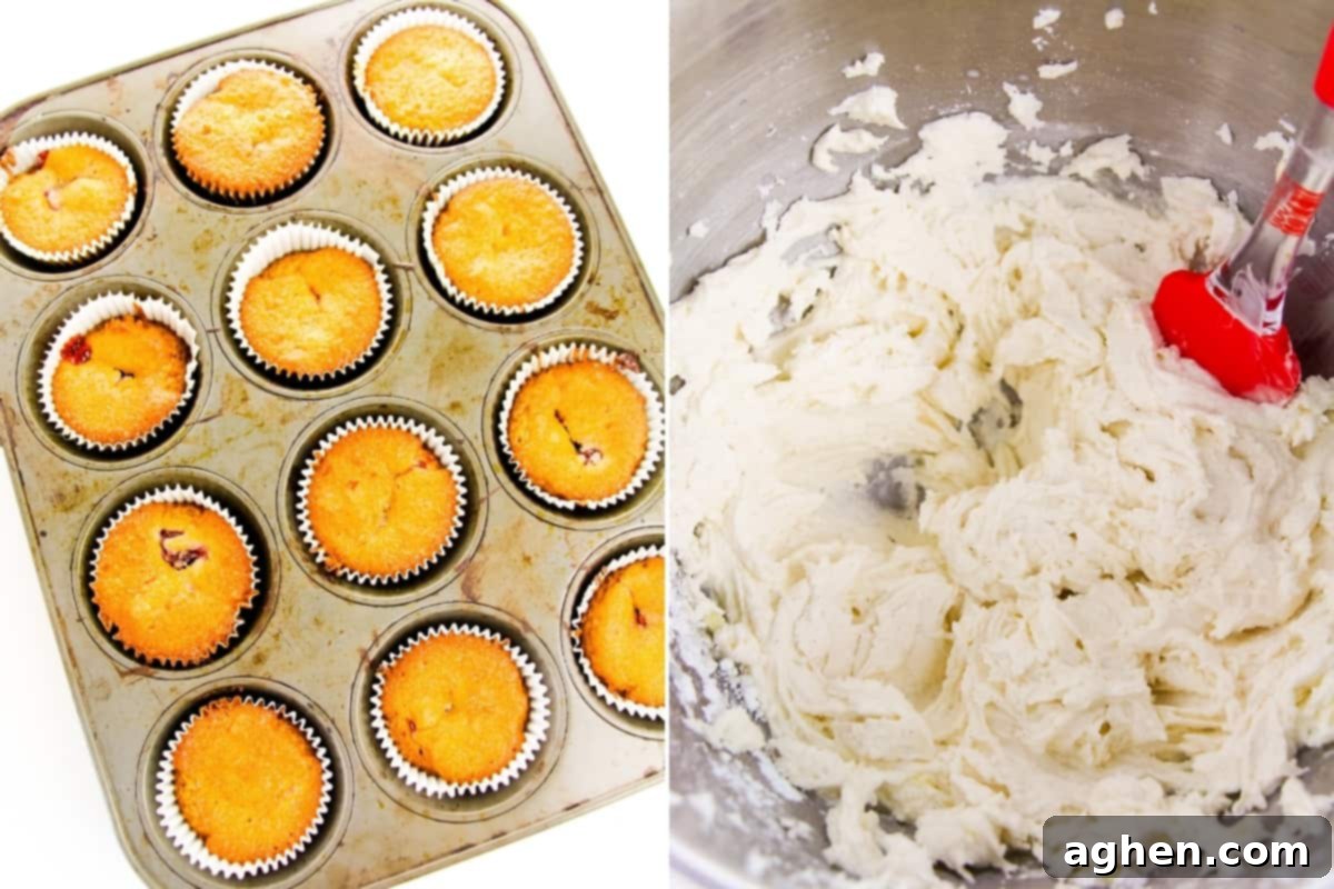 Left image shows a pan of freshly baked cherry pie cupcakes cooling. Right image shows a mixing bowl with homemade buttercream frosting being prepared.