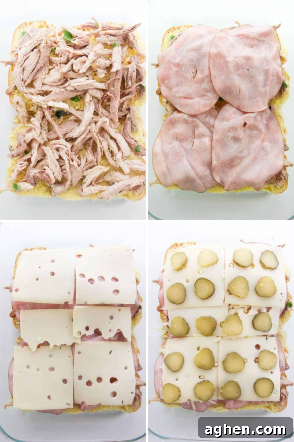 Four image collage of ingredients added to slider rolls: roast pork, deli ham, swiss cheese, and pickles.