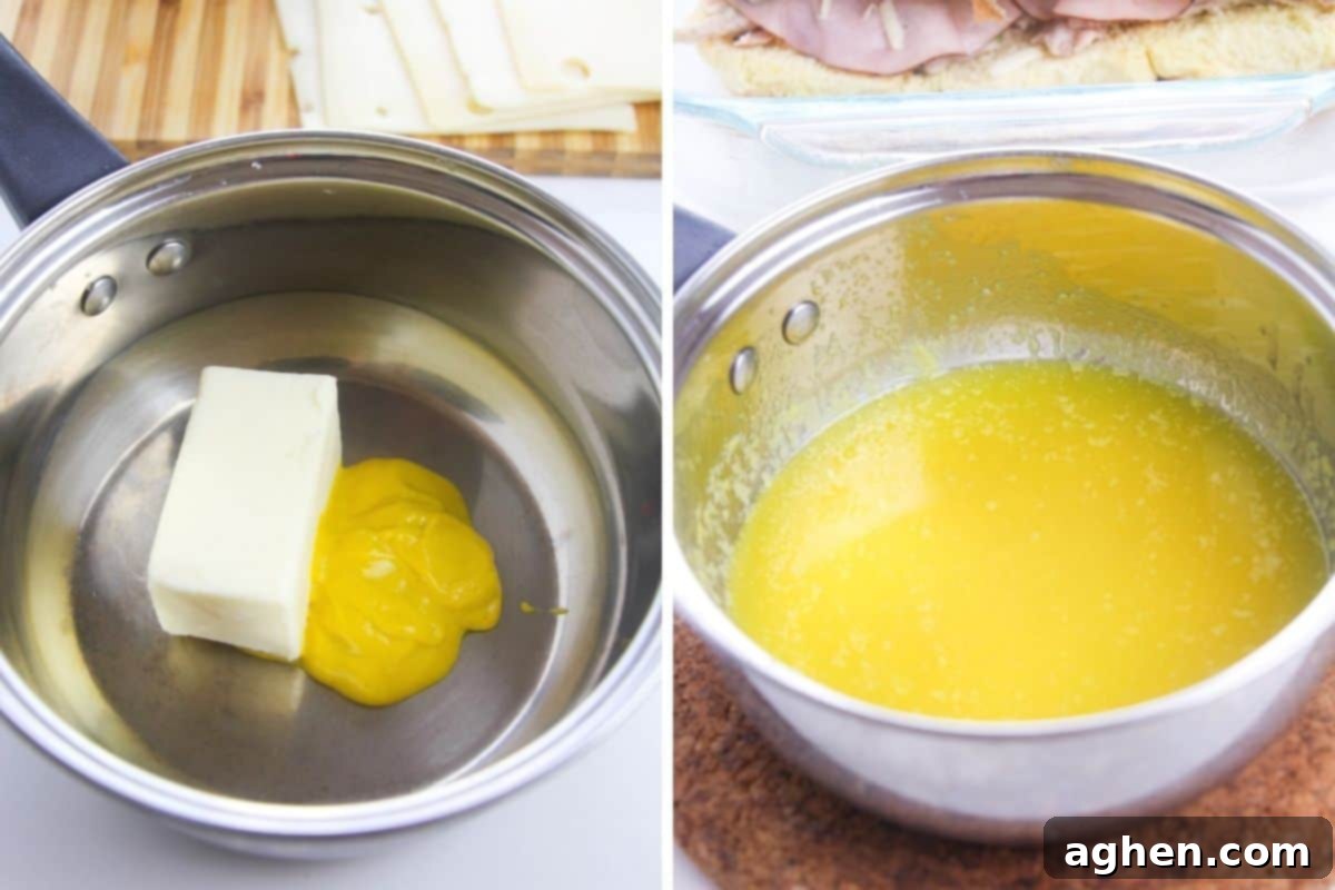 Two image collage of butter and mustard in a sauce pan before and after melting and mixing.