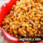 Boston baked beans with bacon in a red dish.