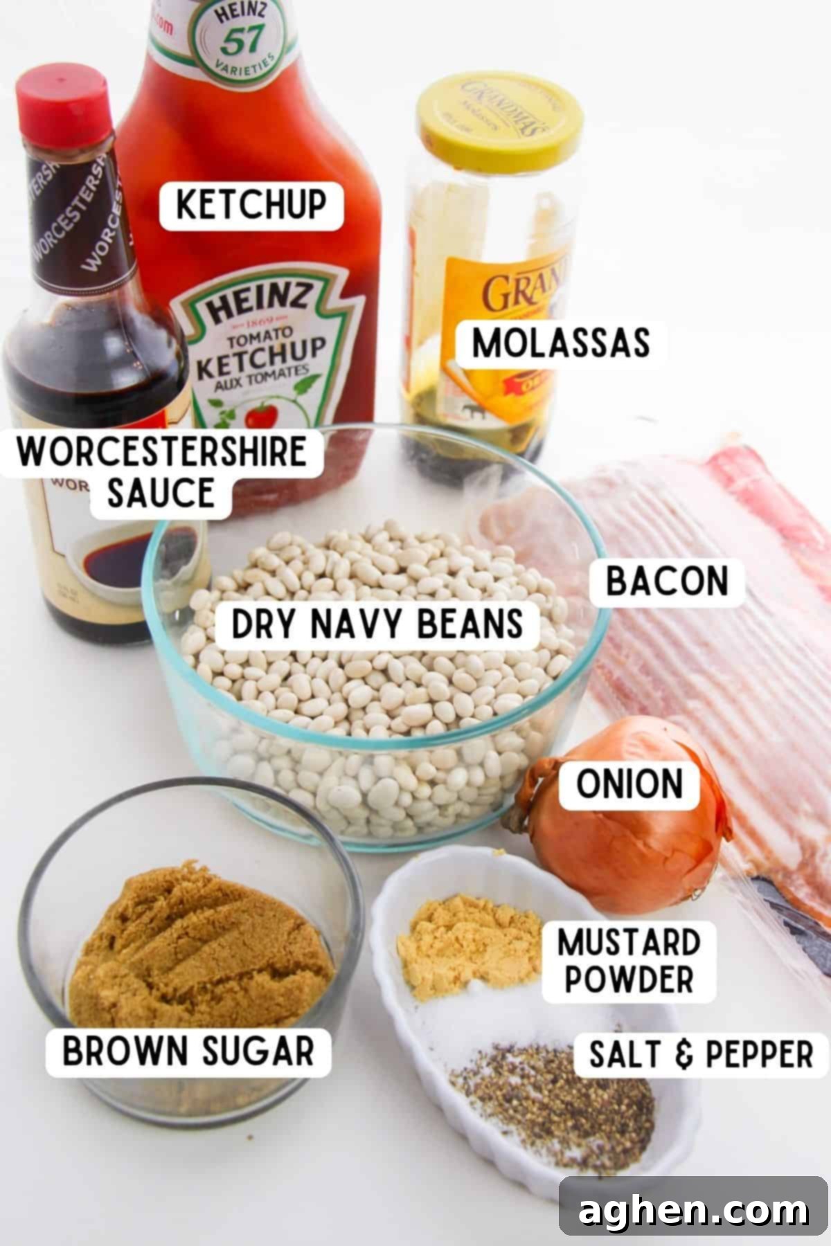 Ketchup, molasses, Worcestershire sauce, dry navy beans, onion, bacon, mustard powder, brown sugar, salt, and pepper.