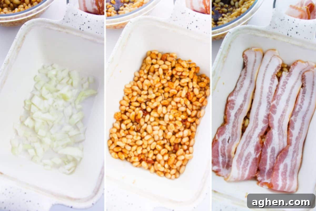 Three image collage of casserole dish with chopped onions on the bottom, then with sauce-covered navy beans added, then topped with bacon.