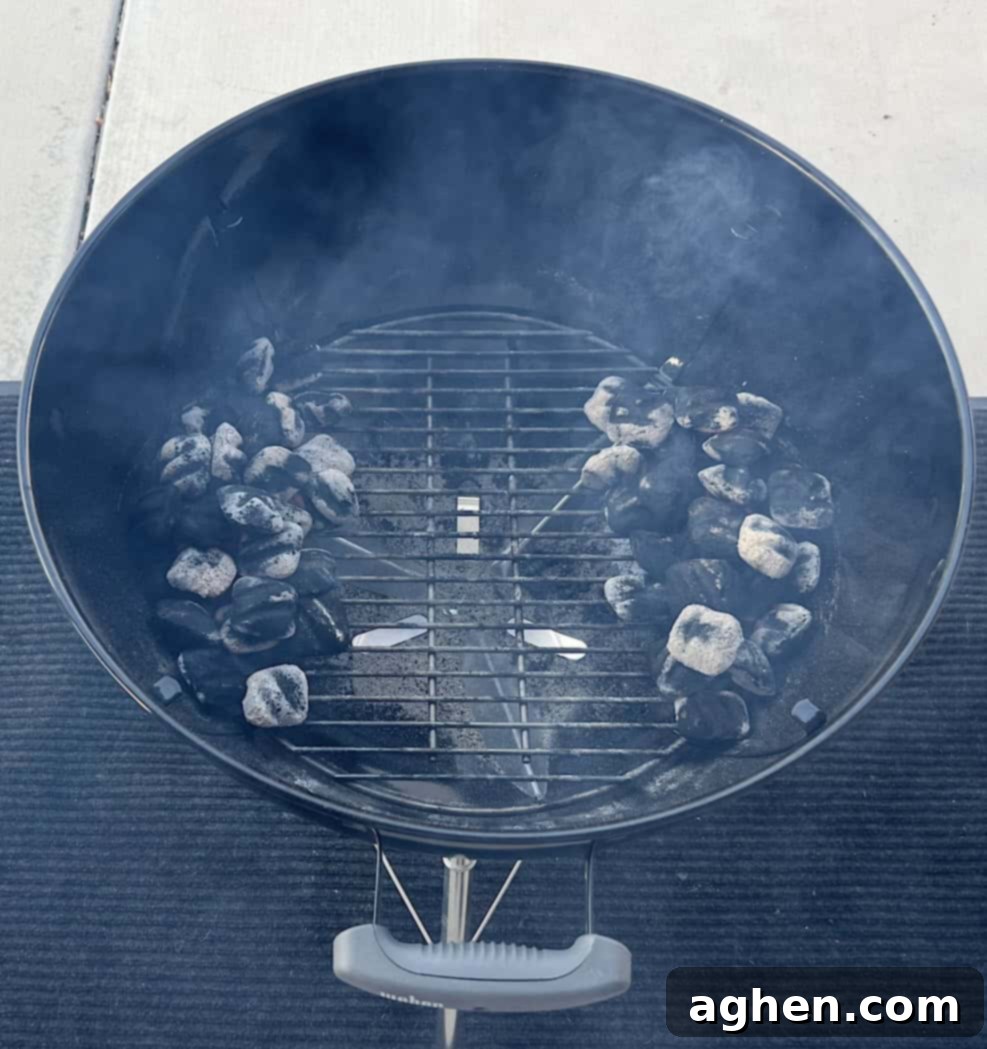 Indirect charcoal setup with two piles on Weber Kettle