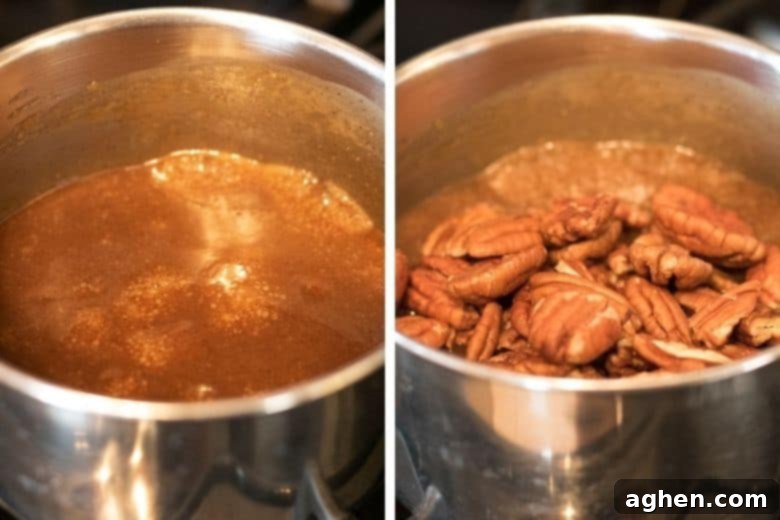 Caramel pecan topping simmering in a nonstick skillet, showing the glossy, rich texture and whole pecans.