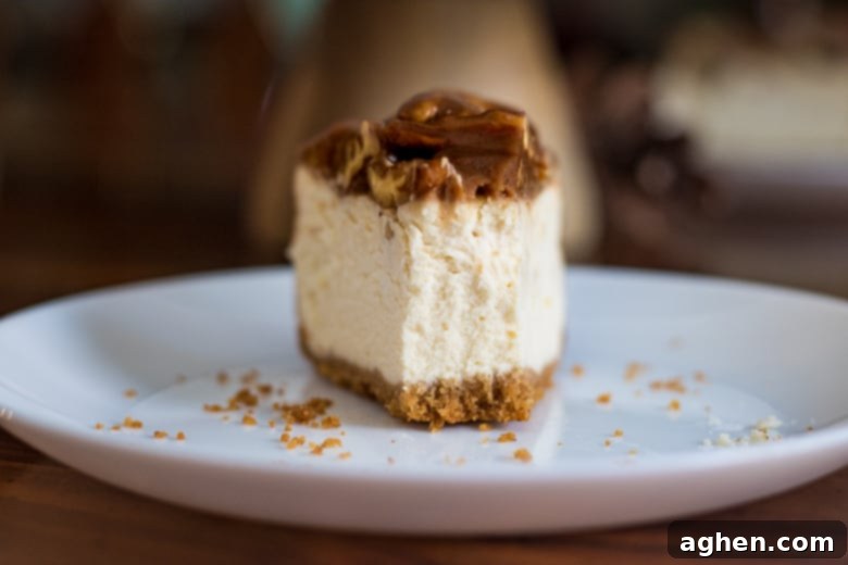 A close-up of a slice of Pecan Pie Cheesecake with a small bite taken out, revealing its luscious texture.