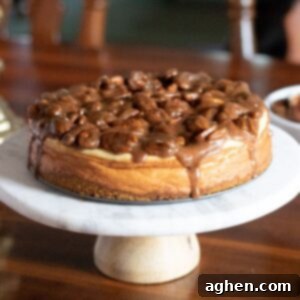 Pecan Pie Cheesecake, a full overhead shot of the finished dessert with topping.