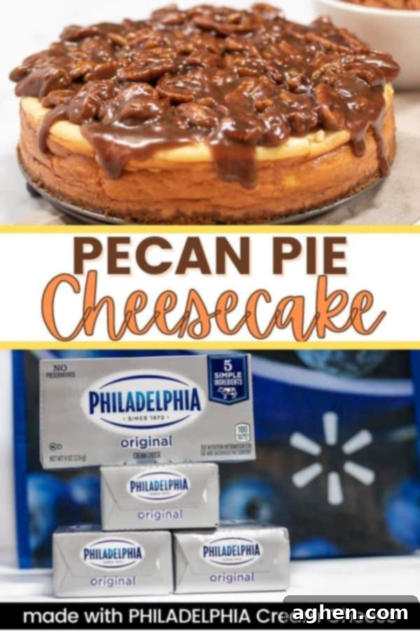 Tall pin image of New York Style Pecan Pie Cheesecake, perfect for saving to Pinterest holiday boards.