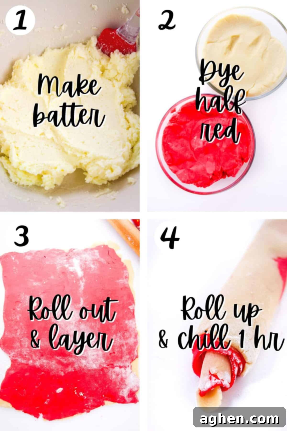 How to Make Pinwheel Cookies - A step-by-step image showing the process of layering and rolling the dough for pinwheel cookies.