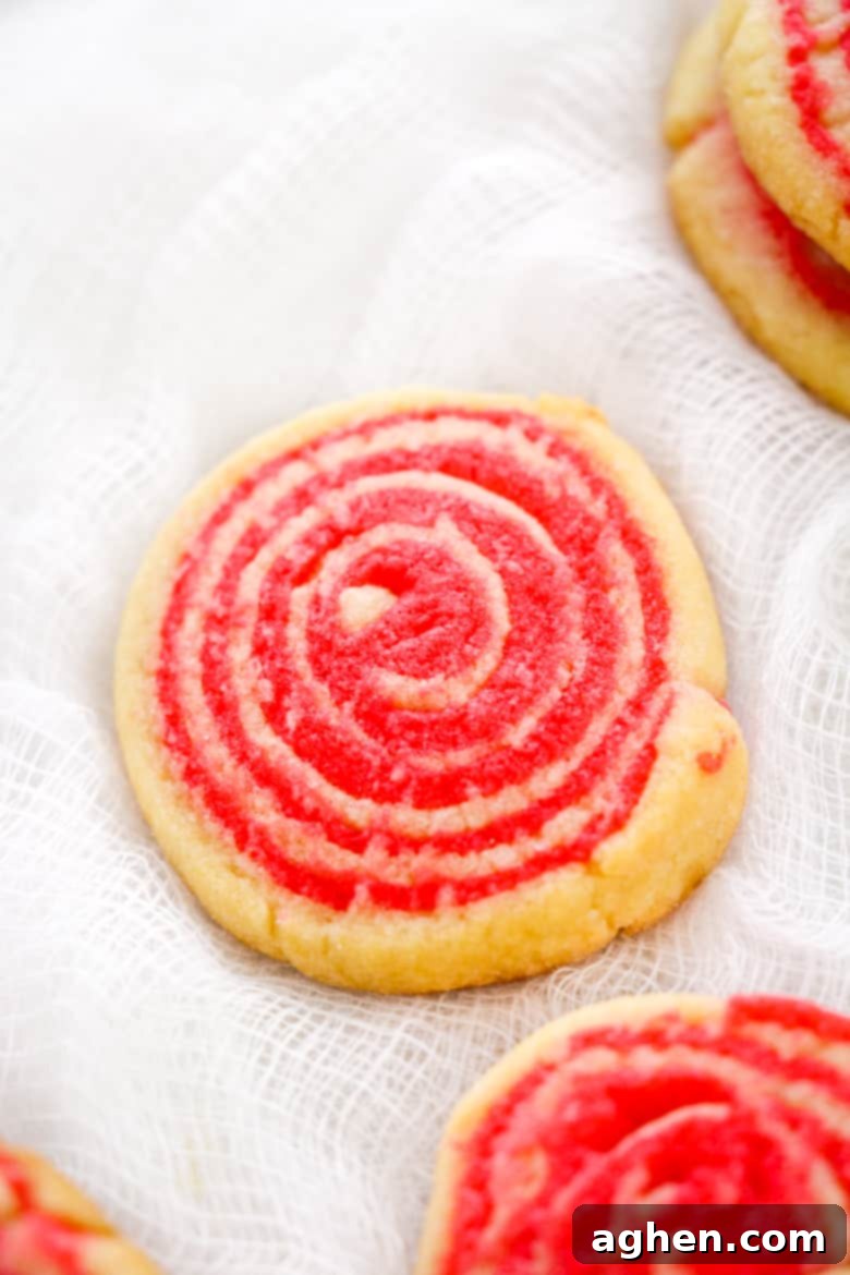 Peppermint Swirl Cookies - A stack of beautifully swirled peppermint cookies on a plate.