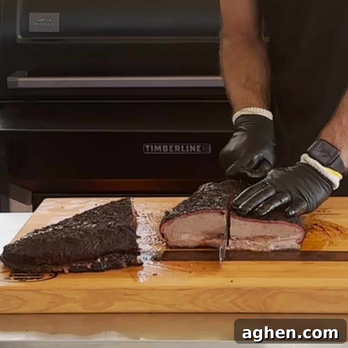 Overnight Backyard Brisket - Slicing, showing a perfectly cooked, tender brisket sliced and ready to serve, highlighting the convenience of overnight smoking on a pellet grill.