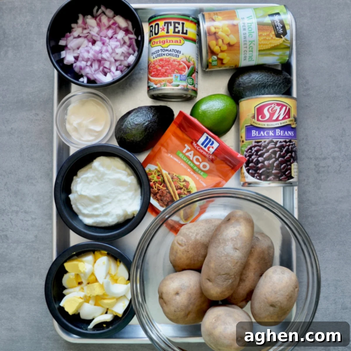 Weight Watchers' Signature Tex-Mex Potato Salad 3 Tex mex potato salad ingredients laid out