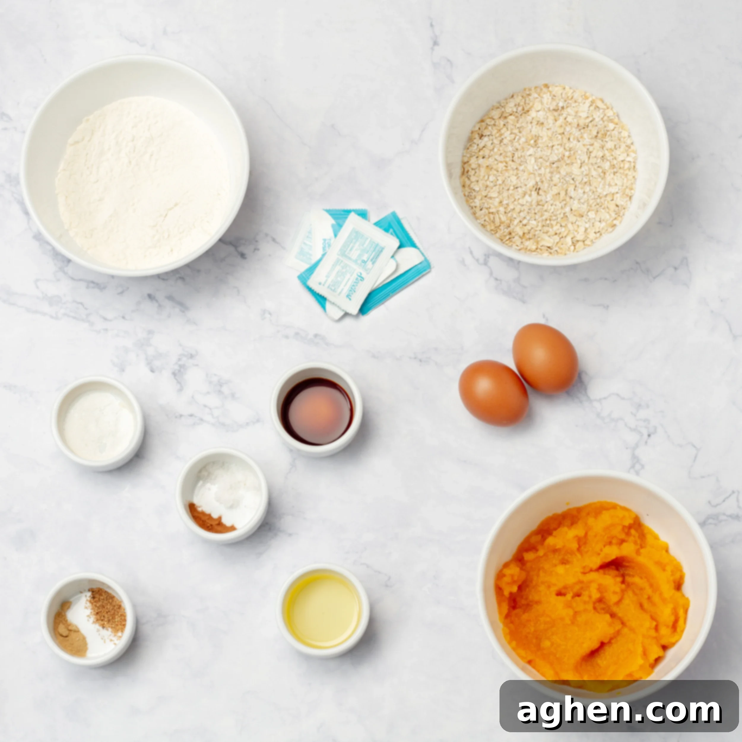 Guilt-Free Spiced Pumpkin Bread 3 Pumpkin bread ingredients carefully measured out and artfully displayed in separate small dishes on a rustic wooden surface, highlighting their freshness.