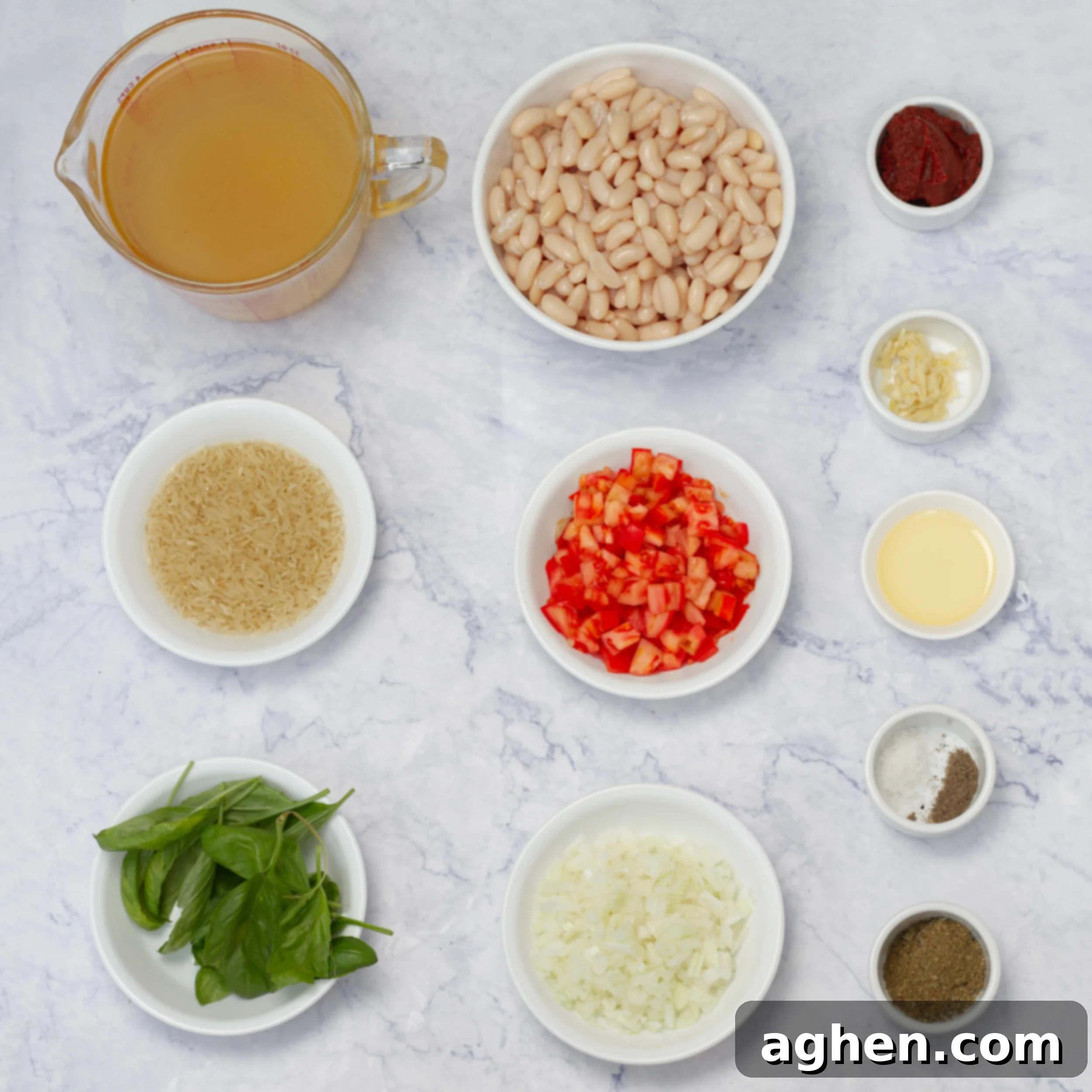 Mediterranean White Bean Soup ingredients in separate dishes. 