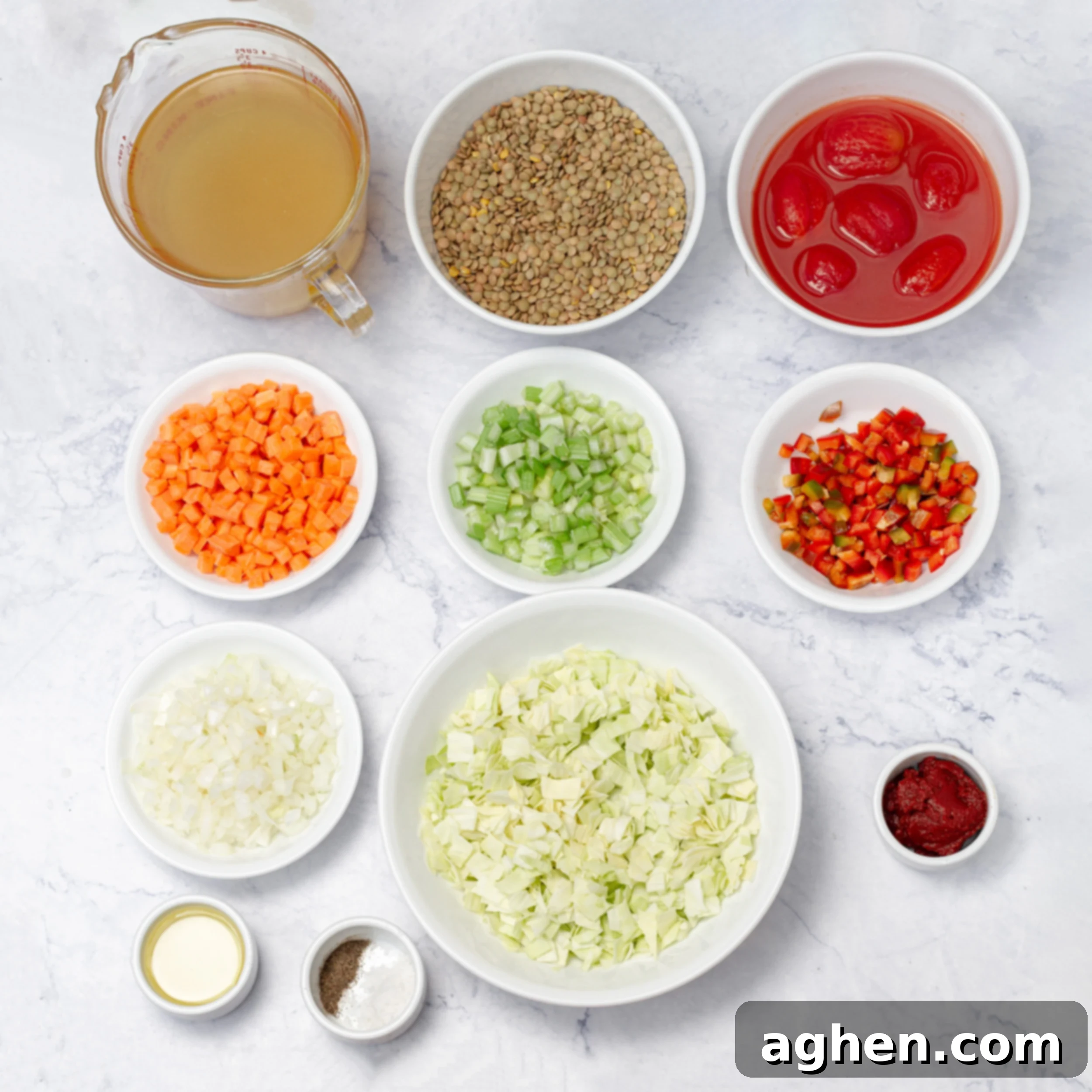 Lentil cabbage soup ingredients in separate dishes. 