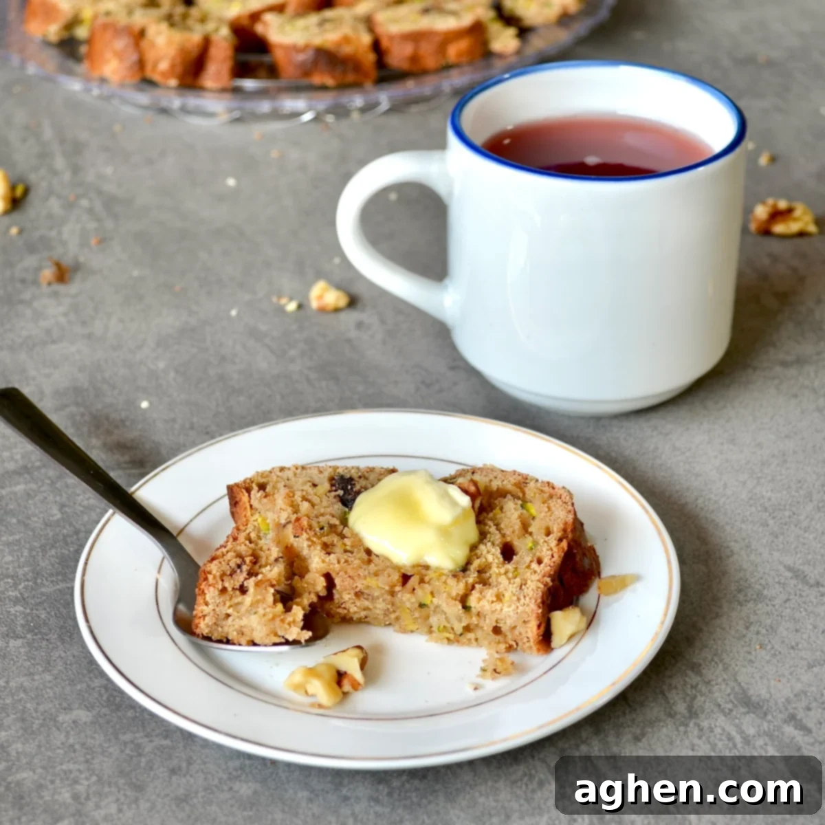 A Classic Weight Watchers Zucchini Walnut Bread 2 Zucchini bread slice with butter