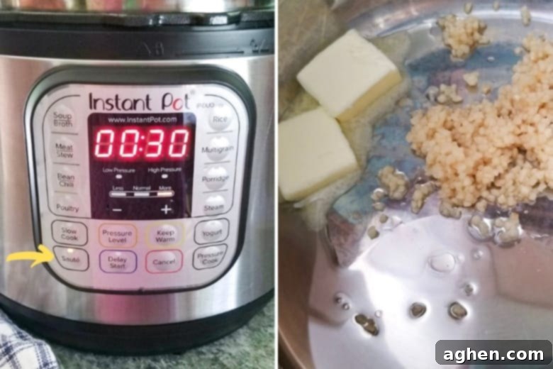 Instant Pot set to Saute and inside of pressure cooker with butter, oil, and garlic