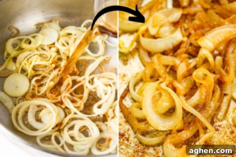 Raw onions in pan with brown sauce and fried translucent onions in pan